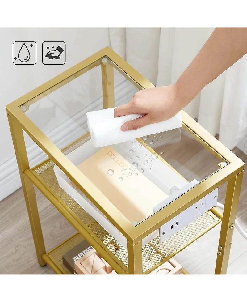 Slickblue End Table with Charging Station, 3-Tier Glass Shelves and Usb Ports