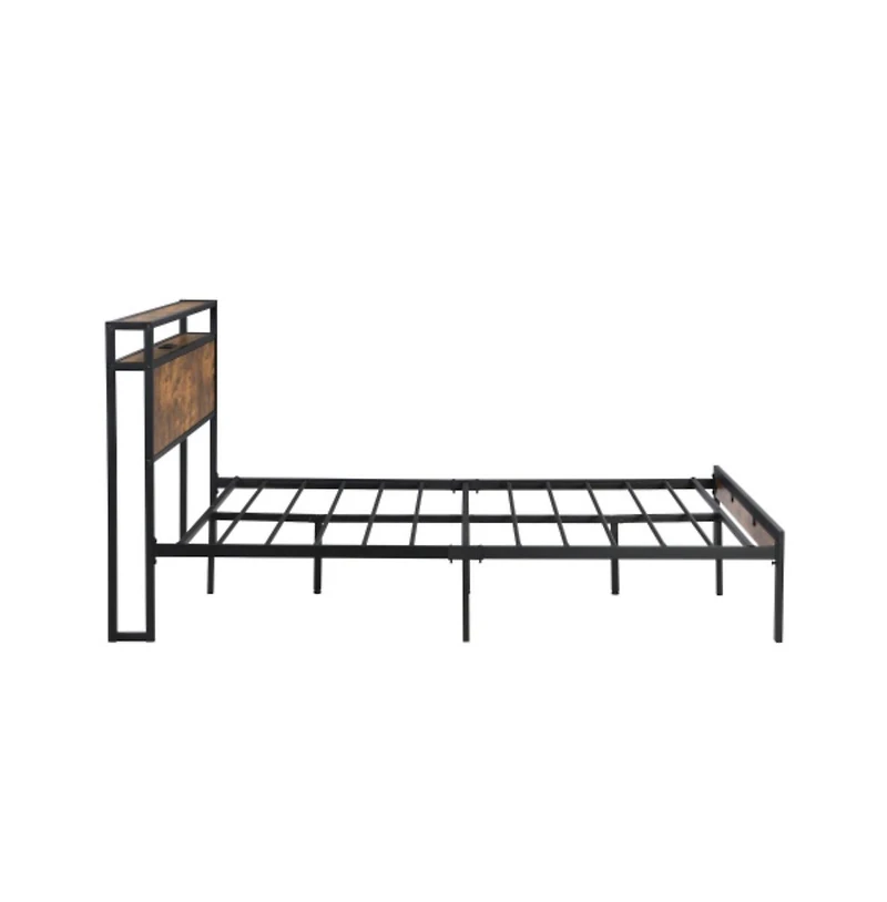 Lucky One Full Size Metal Platform Bed Frame with Wooden Headboard and Footboard, Usb Ports