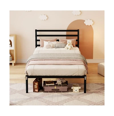 Lucky One Twin Size Classic Metal Platform Bed Frame Mattress Foundation, Large Under-Bed Storage, Easy Assembly, No Box Spring Needed