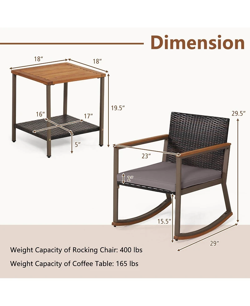 Gymax 3Pieces Rattan Rocking Chair Bistro Set Armrest Cushion Table W/ Storage Shelf Patio