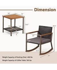 Gymax 3Pieces Rattan Rocking Chair Bistro Set Armrest Cushion Table W/ Storage Shelf Patio