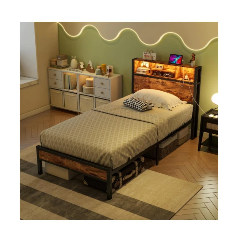 Lucky One Twin Size Bed Frame with Storage Headboard, Usb Charging Station, Bookcase, Rgb Led Lights, Metal Slats, No Box Spring