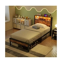 Lucky One Twin Size Bed Frame with Storage Headboard, Usb Charging Station, Bookcase, Rgb Led Lights, Metal Slats, No Box Spring