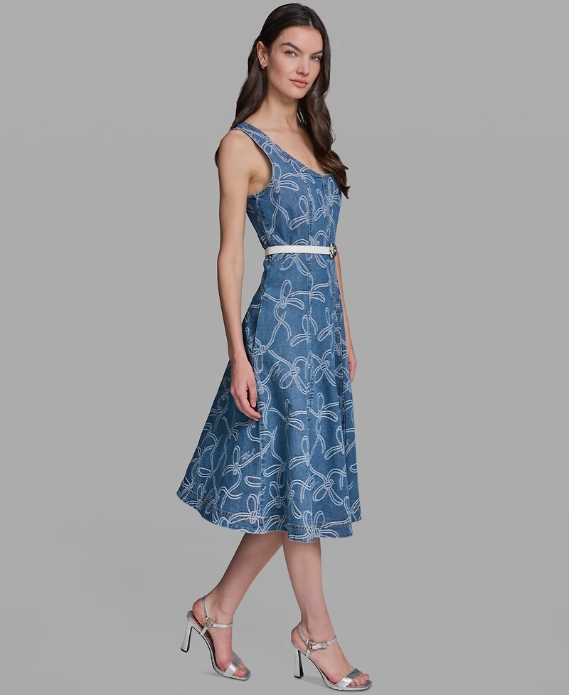 Karl Lagerfeld Women's Sleeveless Crewneck Denim Midi Dress