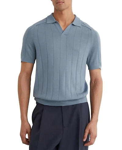 Reiss Men's Chelmsford Open Collar Wide Rib Merino Wool Jumper Polo Shirt