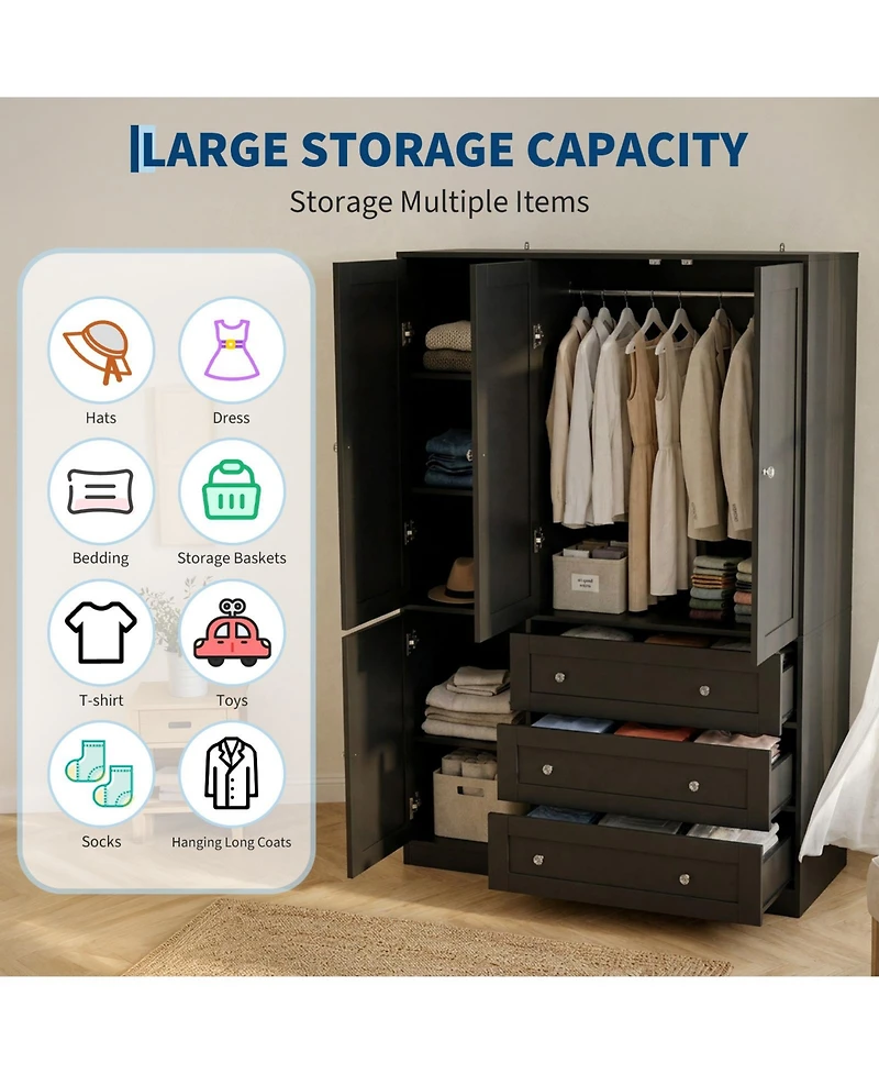 gaomon Wooden Armoire Wardrobe Closet, 71''H Large Clothing Storage Cabinet with Handing Rod and 3 Drawers, Clothes Organizer for Bedroom