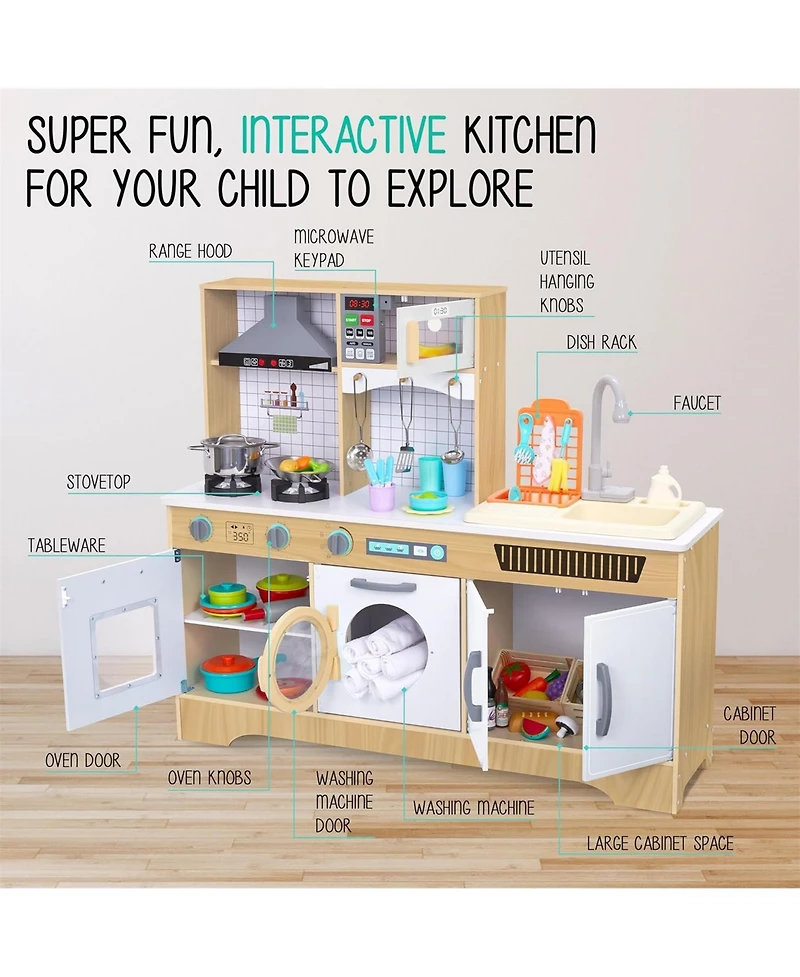 Lil' Jumbl Kids Kitchen Playset, Pretend Kids Wooden Kitchen with Washer and Dryer, Sink and More