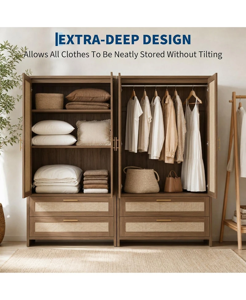 gaomon 70" tall rattan wardrobe with drawers, hanging rod, and spacious storage-perfect for organized bedroom or cloakroom use.