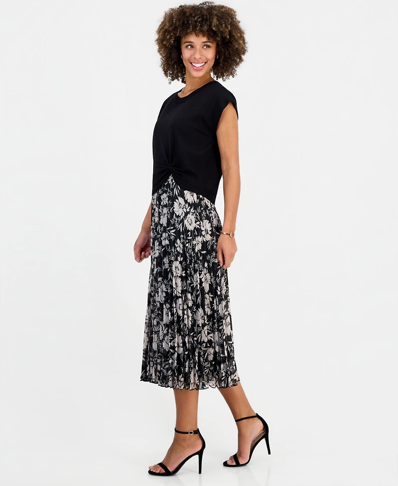 Robbie Bee Women's Floral-Print Pleated A-Line Midi Dress