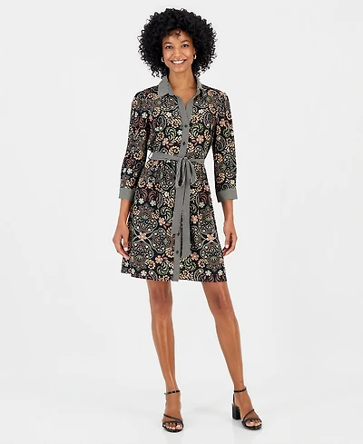 Robbie Bee Women's Twin Print Belted Shirtdress