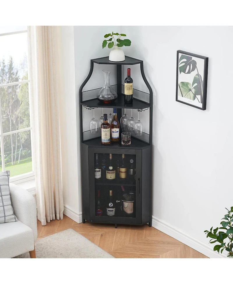 gaomon Corner Wine Cabinet with Detachable Wine Rack, 5-Tier Industrial Corner Bar Cabinet with Barn Door and Glass Holder, Farmhouse Buffet Cabinet