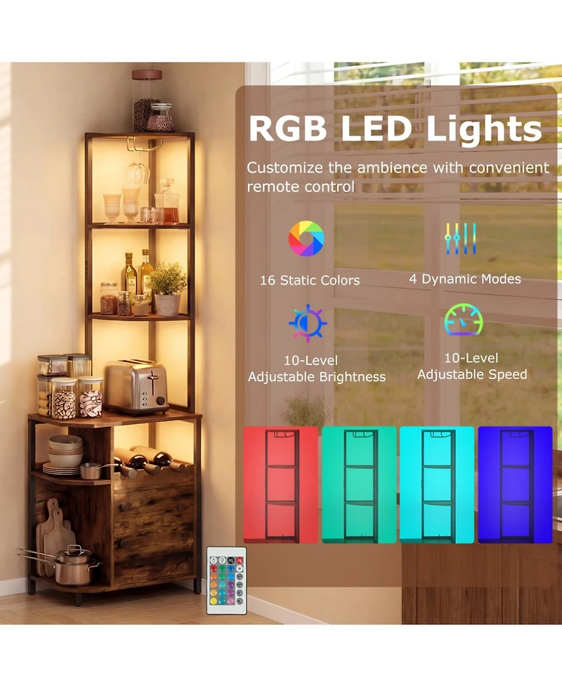 Slickblue 6-Tier Corner Bar Cabinet with Led Lights and Built-In Charging Station