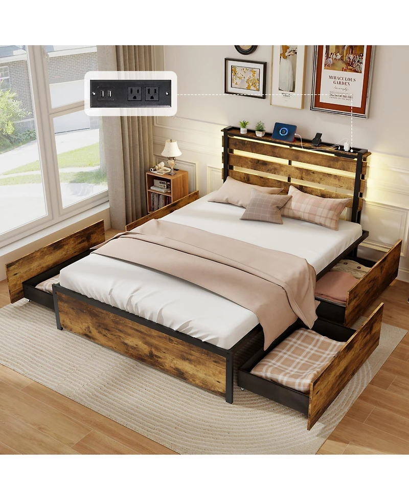 Gouun Bed Frame with Drawers Led Lights and Usb Ports