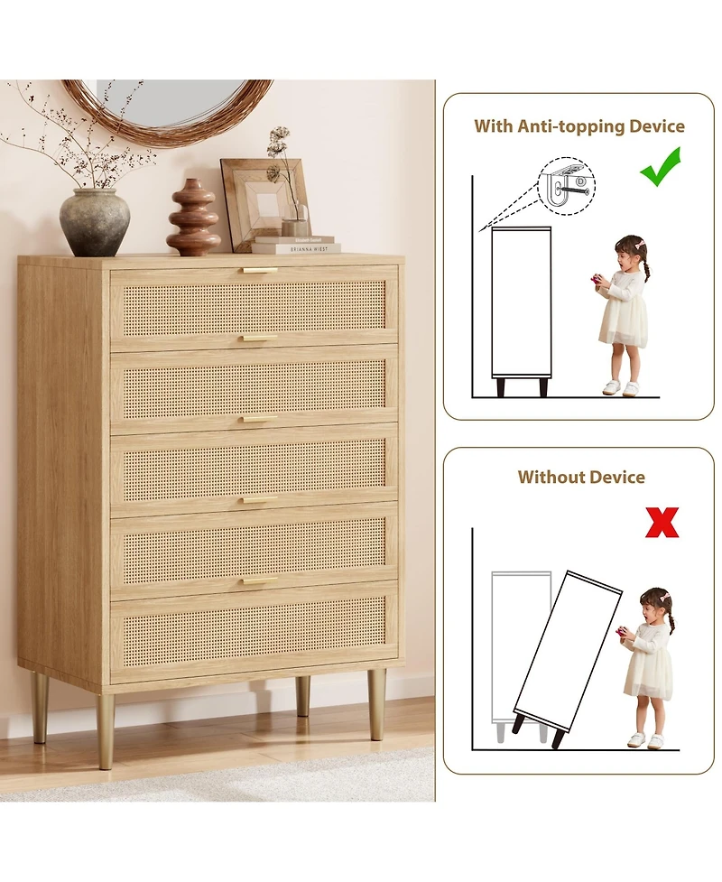 homfan Rattan Front Dresser With Smooth-Glide Drawers And Wide Top, Modern Boho Storage Chest For Bedroom, Hallway Or Living Room, Easy Assembly