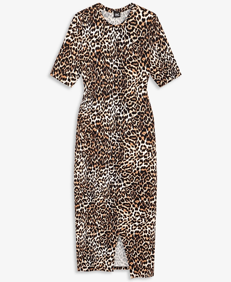 I.n.c. International Concepts Women's Leopard-Print Front Slit Short-Sleeve Midi Dress, Macy's Exclusive