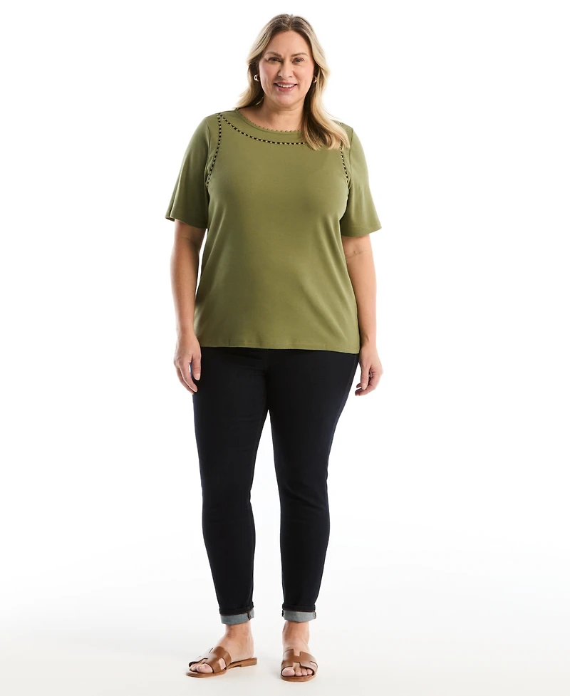 Rafaella Plus Pom Trim Detail Short-Sleeve Top