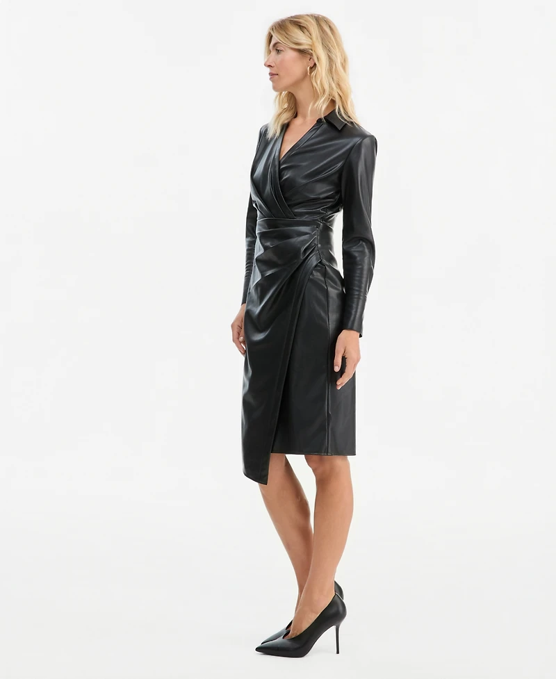 I.n.c. Women's Long-Sleeve Faux Leather V-Neck Dress, Macy's Exclusive