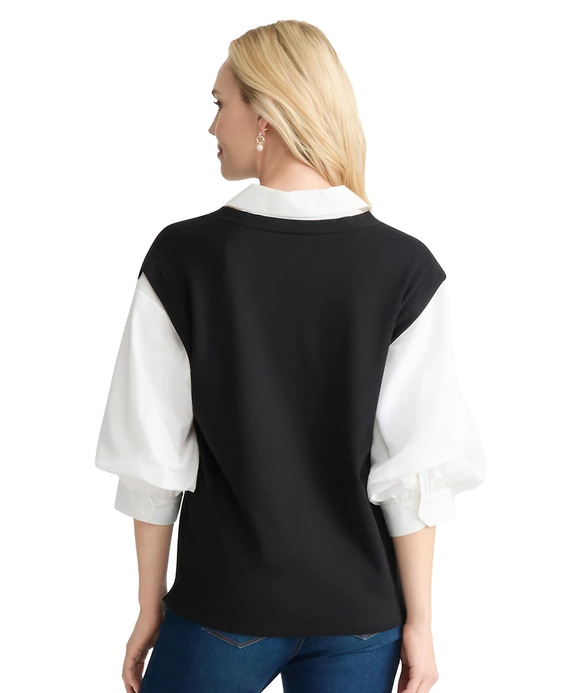 Jones New York Petite Collared 3/4-Length Sleeve Top