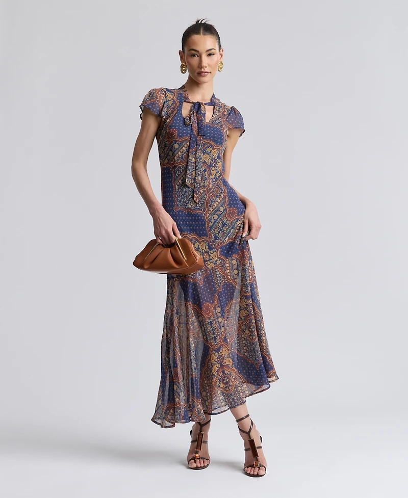 Avec Les Filles Women's Scoop Neck Tie Detail Godet Maxi Dress