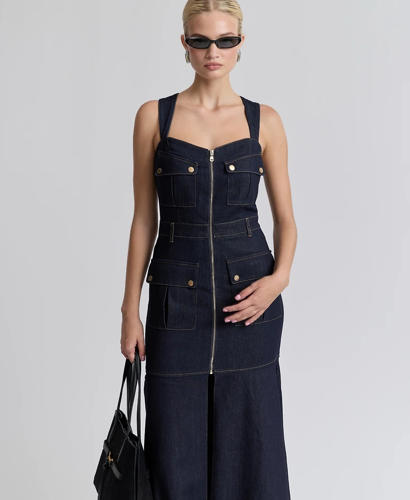 Avec Les Filles Women's Stretch Denim Cargo Zip-Front Midi Dress
