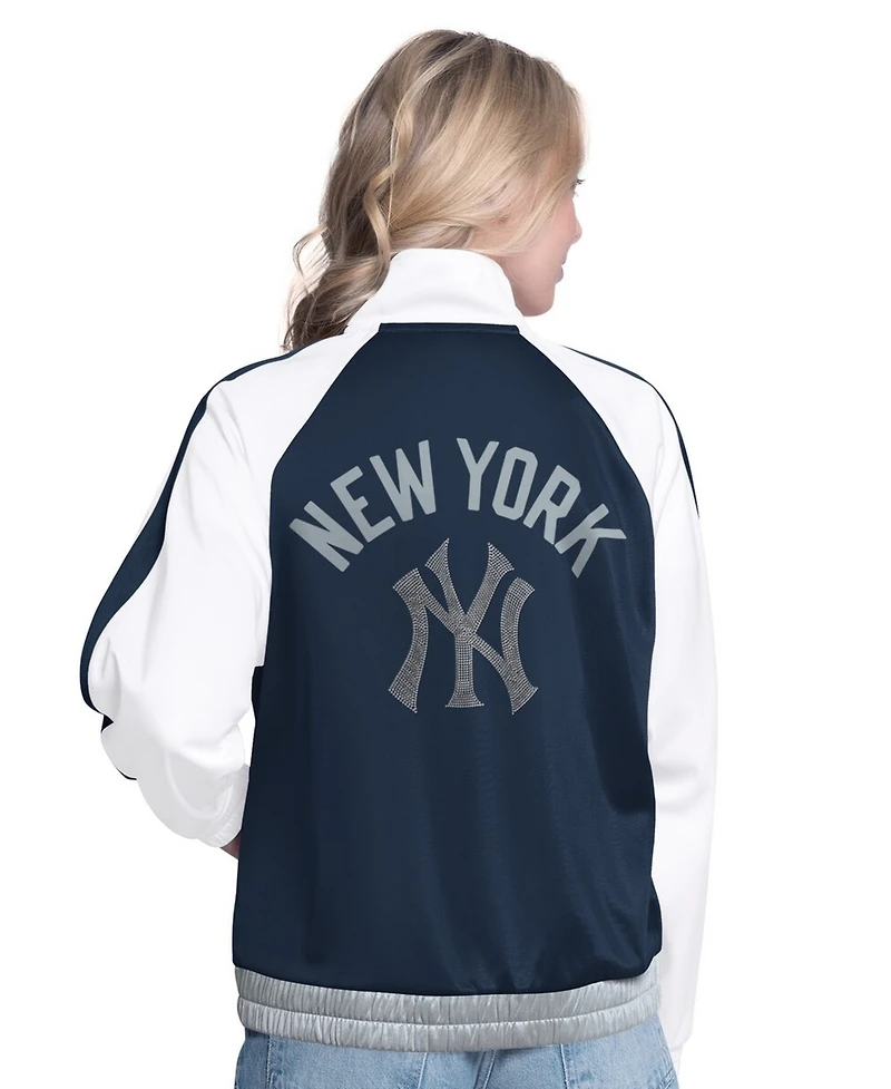 G-iii Sports by Carl Banks Women's White/Navy New York Yankees Rally Rhinestone Raglan Full-Zip Track Jacket