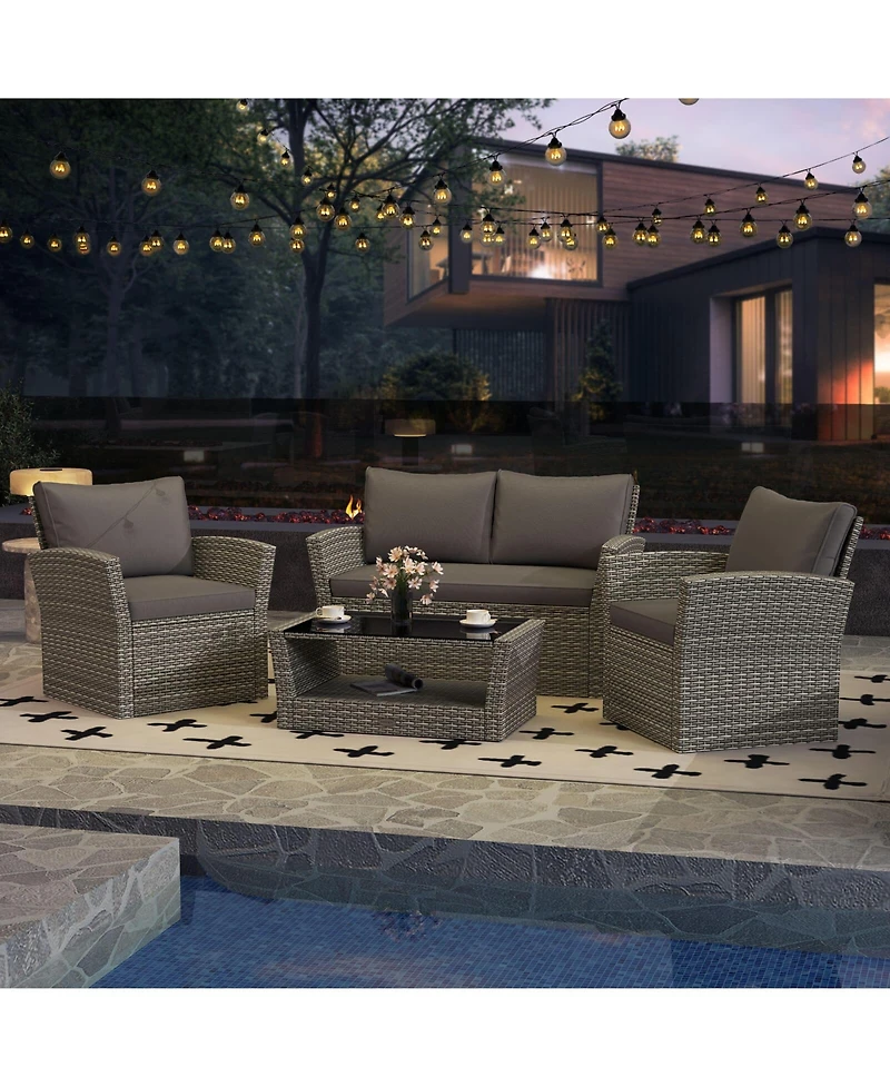 Costway Patio Furniture Set with 2 Rattan Chairs Loveseat Coffee Table Cushions