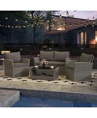 Costway Patio Furniture Set with 2 Rattan Chairs Loveseat Coffee Table Cushions