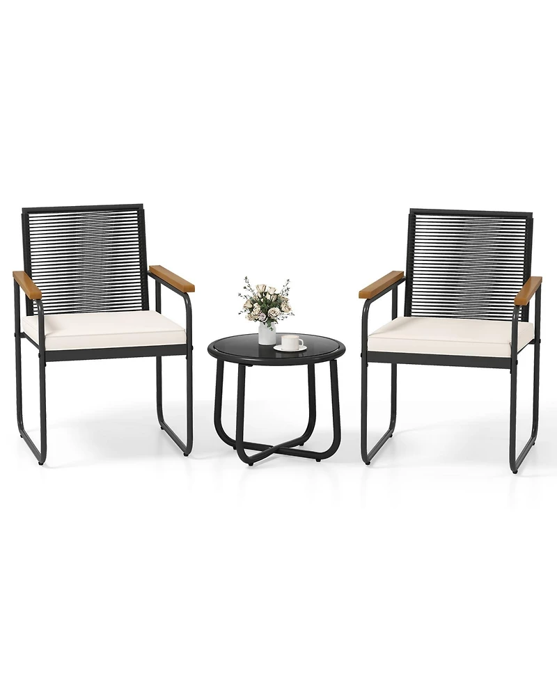 Costway 3 Piece Patio Furniture Set with Round Tempered Glass Top Table Armrests and Cushions