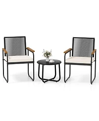Costway 3 Piece Patio Furniture Set with Round Tempered Glass Top Table Armrests and Cushions