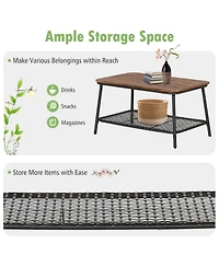 Costway 4Piece Patio Rattan Furniture Set Cushioned Chairs Wood Table Top With Shelf