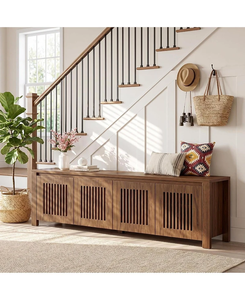 Tribesigns 55"Shoe Storage Bench,2-Tier Mid-Century Modern Entryway Bench with Slatted Doors for Living Room,Entryway,Bedroom,Foyer,Entrance,Walnut