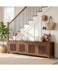 Tribesigns 55"Shoe Storage Bench,2-Tier Mid-Century Modern Entryway Bench with Slatted Doors for Living Room,Entryway,Bedroom,Foyer,Entrance,Walnut