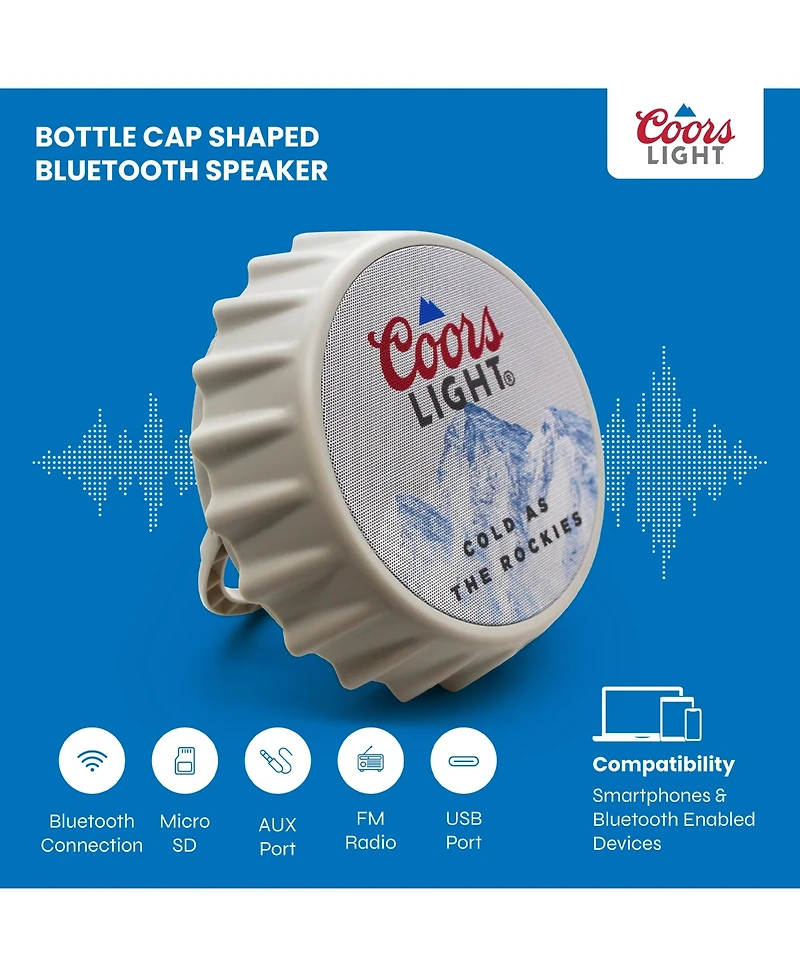Coors Light Bluetooth Bottle Cap Speaker with Led Lights, Fm Radio, Kickstand, and Wall Mount