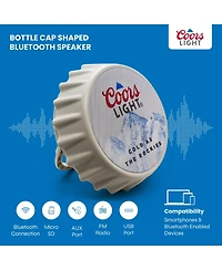 Coors Light Bluetooth Bottle Cap Speaker with Led Lights, Fm Radio, Kickstand, and Wall Mount