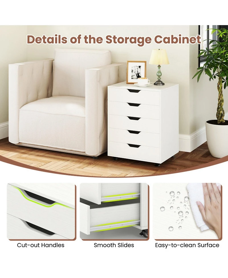 Gouun 5-Drawer Rolling File Cabinet with Lockable Wheels and Storage Top