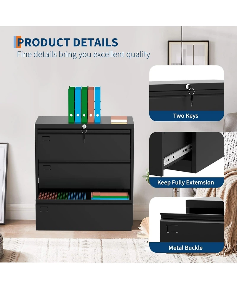 homfan 3 Drawer Lateral Filing Cabinet with Lock - Heavy Duty Metal File Organizer - Fits Letter/Legal/A4 Documents