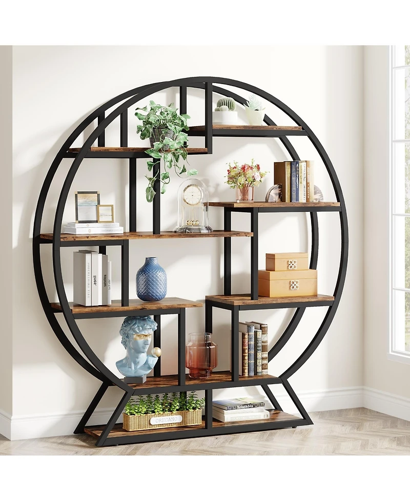 Slickblue 63 Inch Round Bookcase with Open Staggered Display Shelves