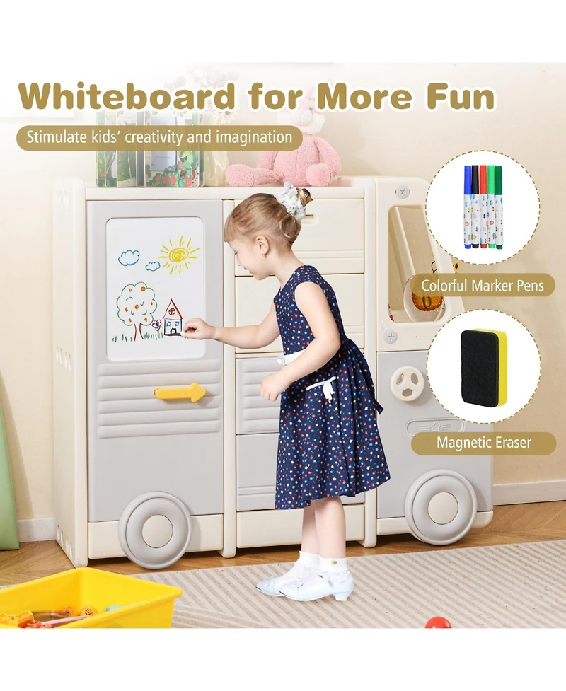 Slickblue Bus-Shaped Kids Toy Organizer Cabinet with 4 Storage Drawers and Handles
