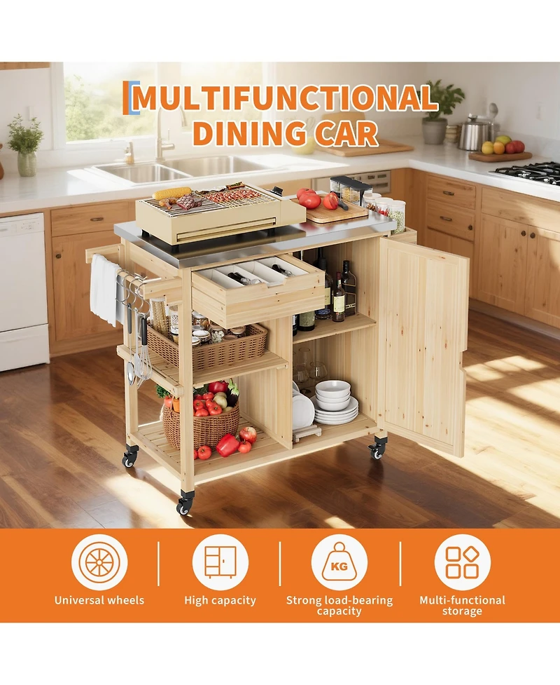 homfan Portable Bar Cart, 44 Inch Stainless Steel Top Kitchen Island with Storage Cabinet and Drawer for Patio or Backyard