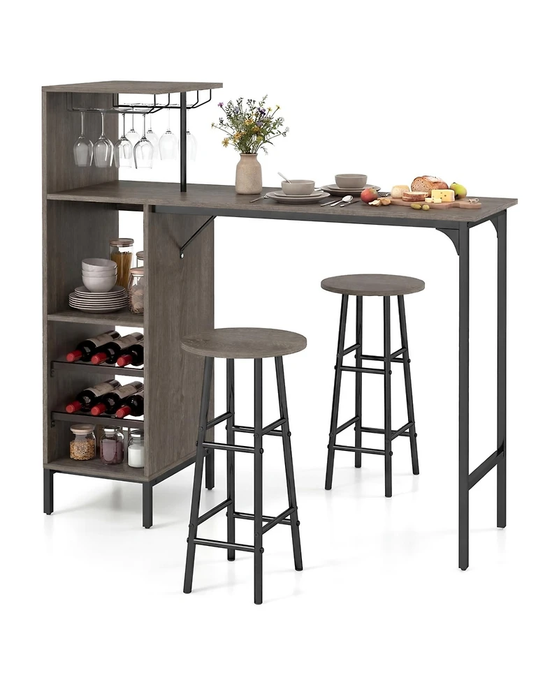 Slickblue 3 Piece Kitchen Bar Table Set with Chairs and 6-Bottle Wine Rack Shelf