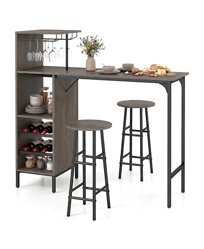 Slickblue 3 Piece Kitchen Bar Table Set with Chairs and 6-Bottle Wine Rack Shelf