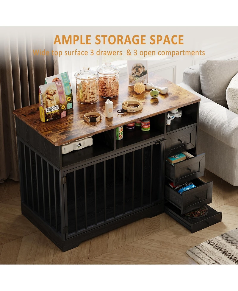 homfan Dog Crate Tv Stand, Farmhouse Media Console with Storage Drawers and Pet Bowl, Heavy Duty Indoor Kennel Table for Small Medium Dogs