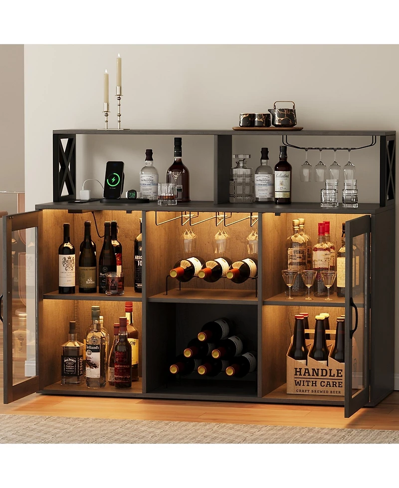 homfan Wine Bar Cabinet with Led Lights and Power Outlets Buffet Sideboard with Wine Rack and Glass Rack for Living Room