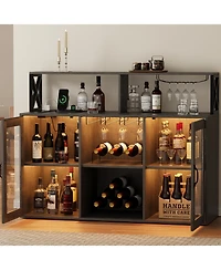 homfan Wine Bar Cabinet with Led Lights and Power Outlets Buffet Sideboard with Wine Rack and Glass Rack for Living Room