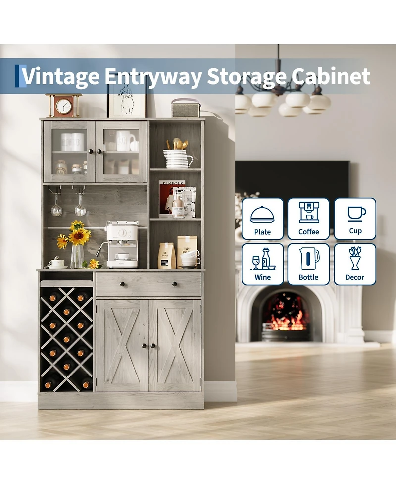 homfan Coffee Bar Cabinet with Power Outlet and Barn Doors, Sideboard Buffet with Wine Rack, Storage Cabinet for Kitchen, Dining Room