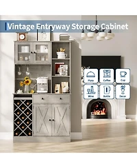 homfan Coffee Bar Cabinet with Power Outlet and Barn Doors, Sideboard Buffet with Wine Rack, Storage Cabinet for Kitchen, Dining Room