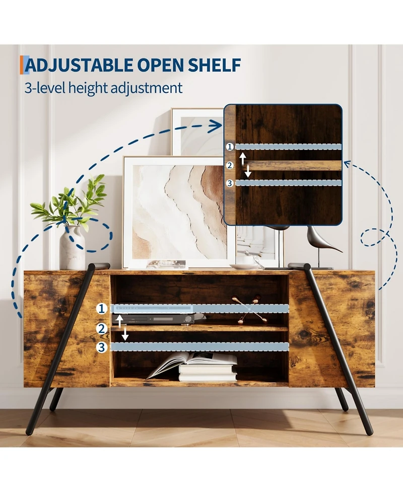 homfan Industrial Tv Stand for 47 Inch Tv, Wooden Entertainment Center, Adjustable Open Shelves, Slanted Metal Legs, Media Console