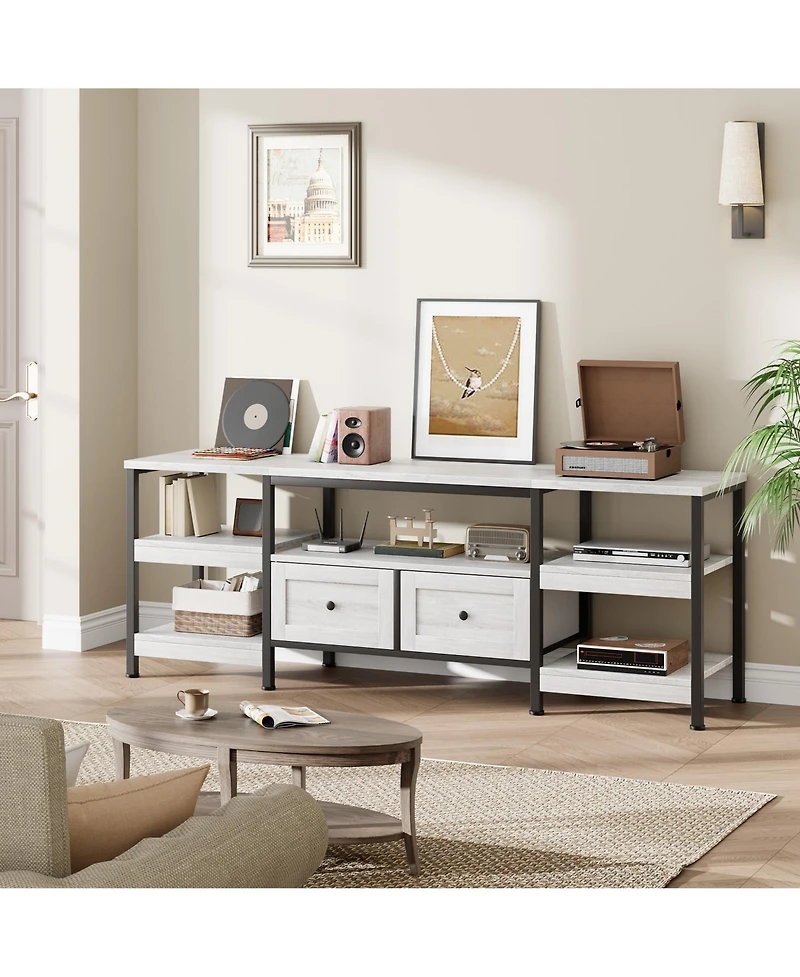 homfan Industrial Tv Stand with Metal Frame, 2 Fabric Drawers and Open Storage Shelves, Modern Living Room Entertainment Center, Fits Tv's