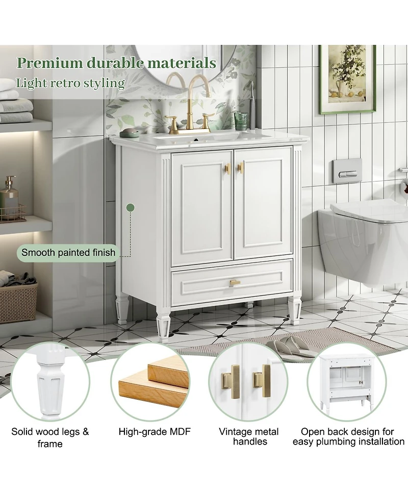 Sillysis 30 Inch Retro Bathroom Vanity with Ceramic Sink, Solid Wood Frame, Soft Close Doors and Bottom Drawer Storage