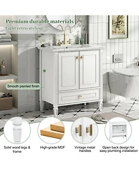 Sillysis 30 Inch Retro Bathroom Vanity with Ceramic Sink, Solid Wood Frame, Soft Close Doors and Bottom Drawer Storage